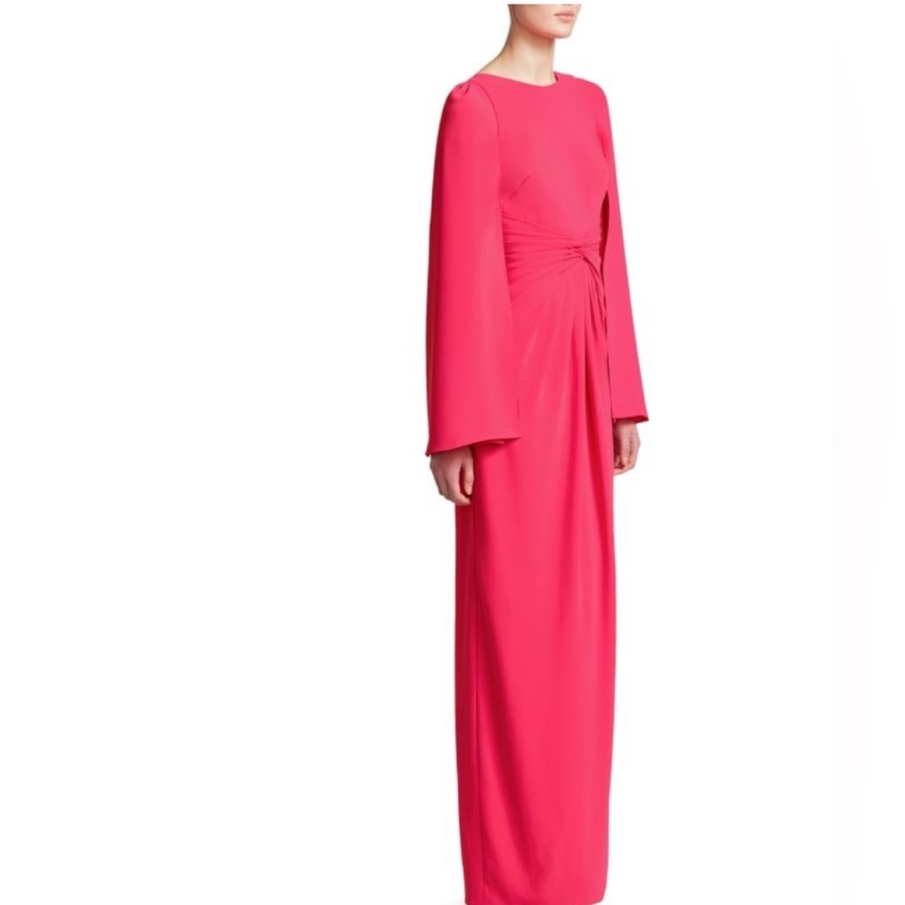 Theia twist knot front, hot pink, cape sleeve maxi gown, 10 - Picture 9 of 13